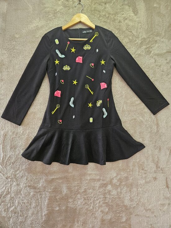 Zara Dresses & Skirts - Zara Black Dress Flared Drop-Waist All Over Print Embroidered Stars Shoes Crowns
